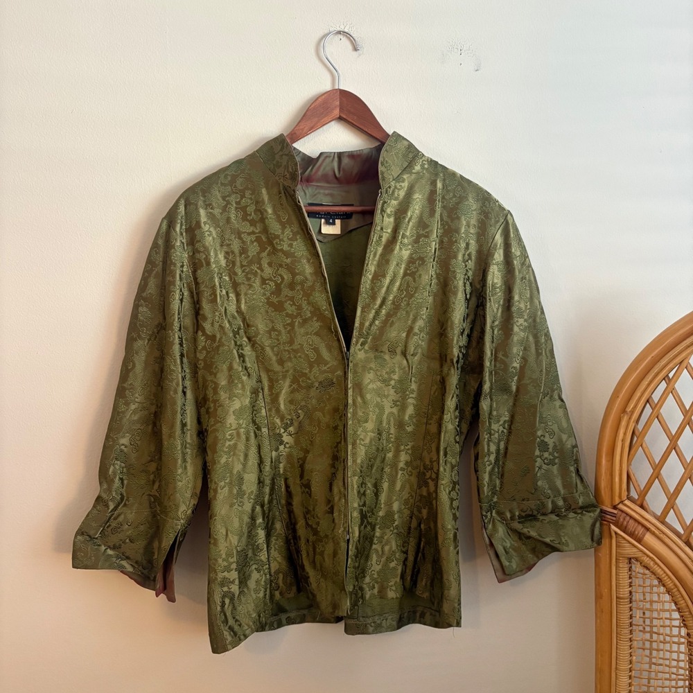 Vintage 90s Gigi Clark Womens USA Made Silk Rayon Chinese Dragon Zip Up Blouse